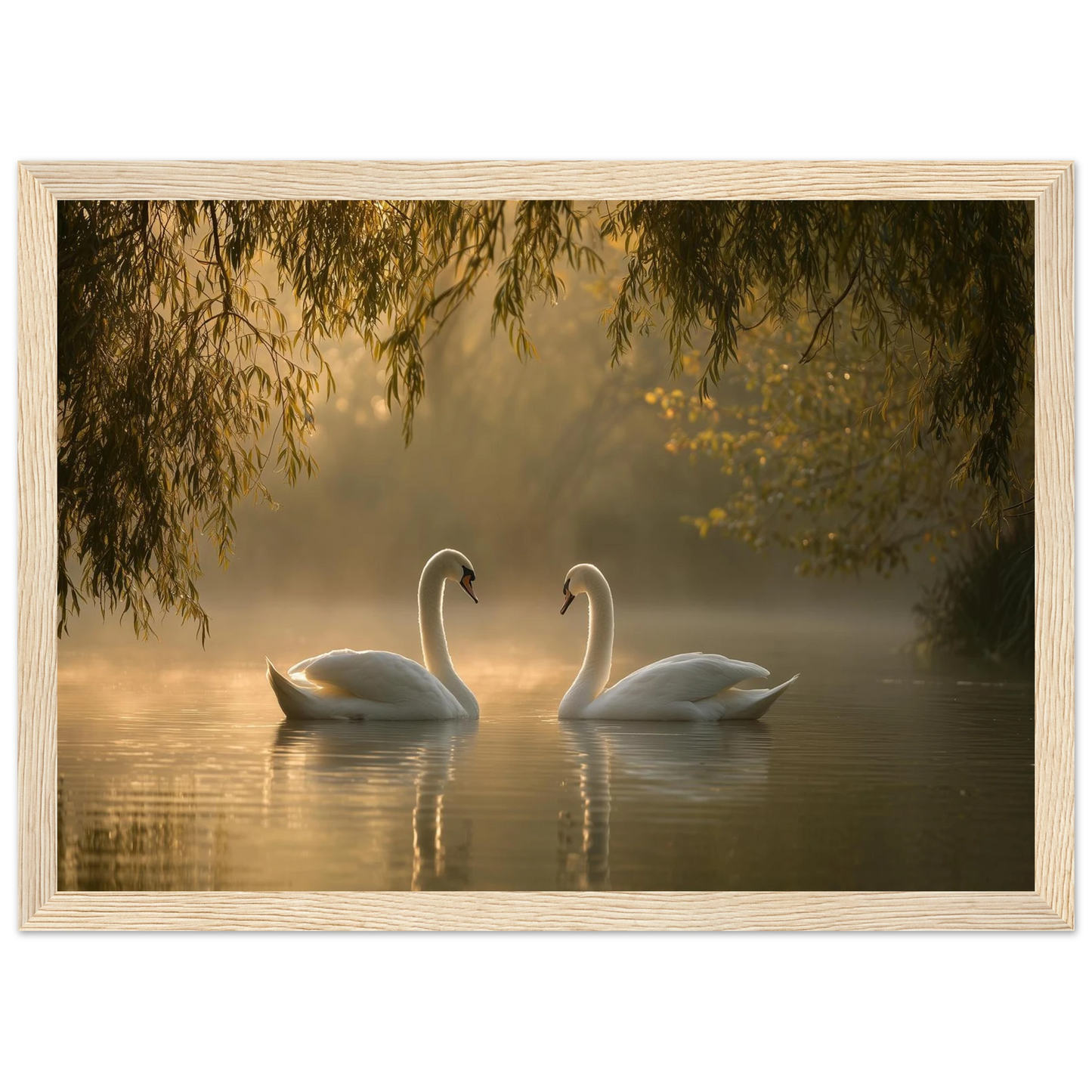 Two mute swans facing each other on a misty lake in golden morning light, print in a natural light wood frame