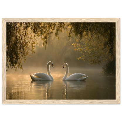 Two mute swans facing each other on a misty lake in golden morning light, print in a natural light wood frame