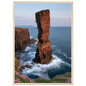 Red sandstone sea stack at last light above an Atlantic cliff coast, print in a natural light wood frame