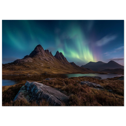 Aurora and stars over a Highland loch, print in a dark grey frame