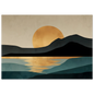 Gold sun and black headland minimalist wall art print in a dark frame, teal and gold palette