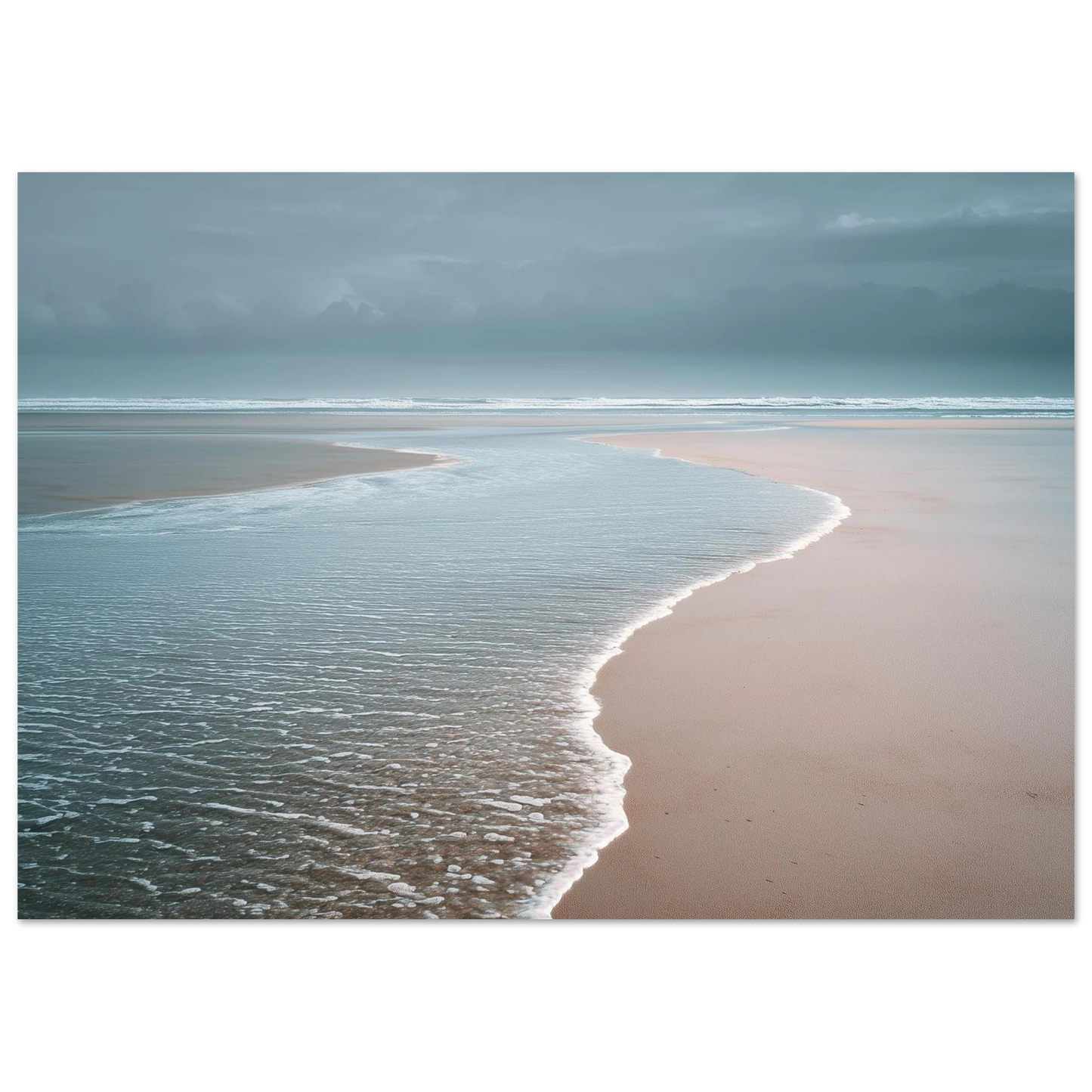 Minimalist beach and shallow water under low cloud, print in a dark frame