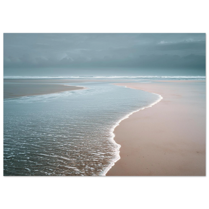 Minimalist beach and shallow water under low cloud, print in a dark frame