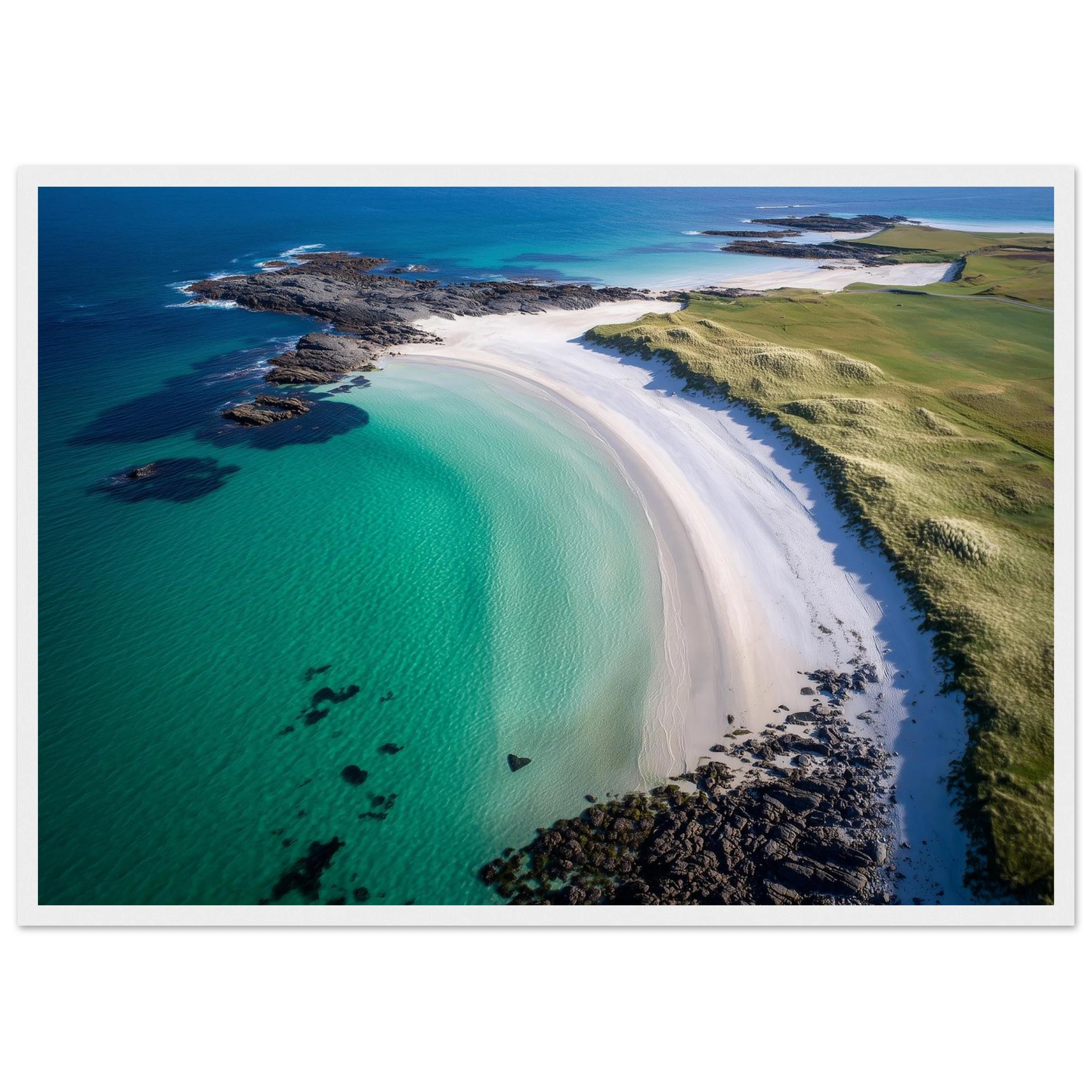 Scottish island beach from the air, print in a white frame with a wide mount