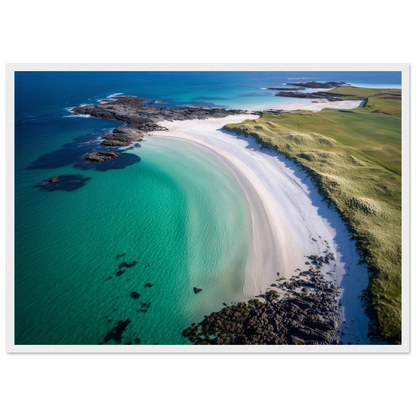 Scottish island beach from the air, print in a white frame with a wide mount