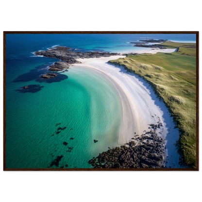 Hebridean beach from above with jade shallows and white sand, framed in dark brown wood