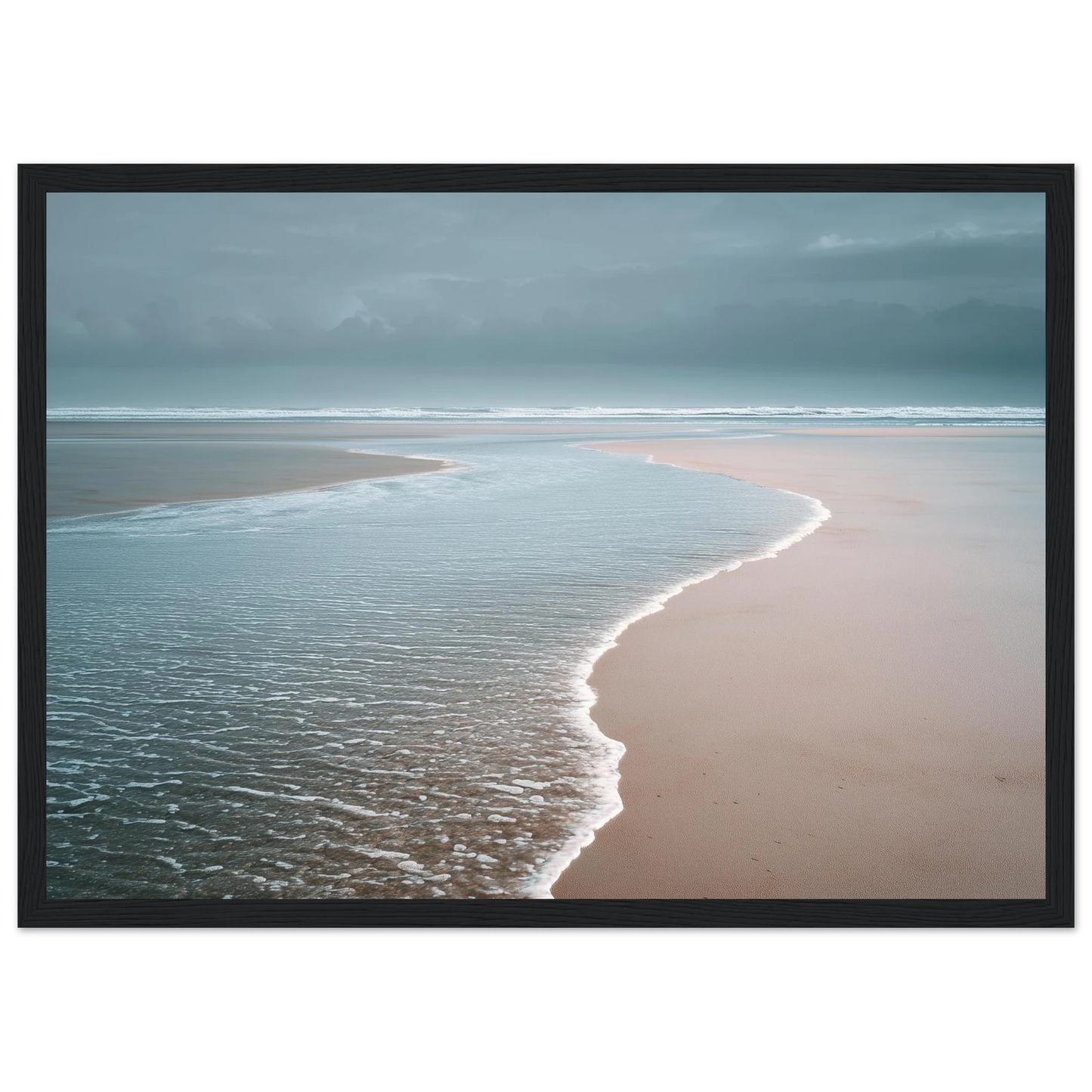 Minimalist tide line scene, print in a dark grey frame