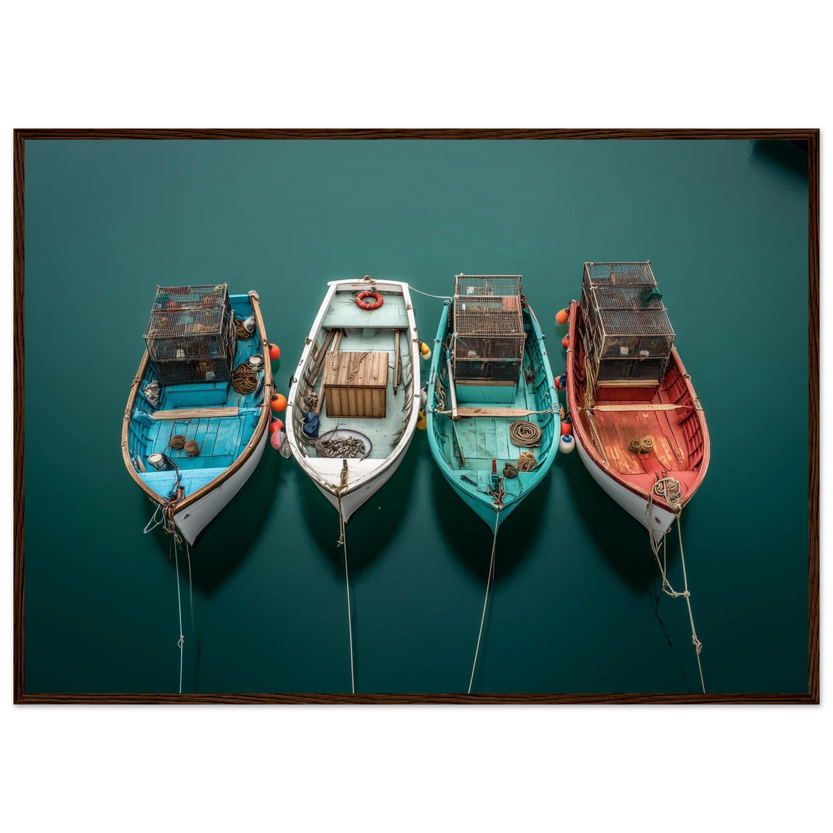 Aerial harbour view with four working boats, framed in warm dark wood