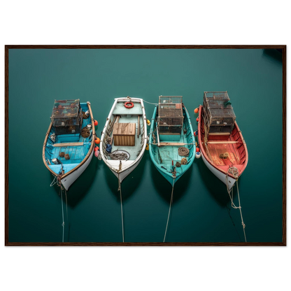 Aerial harbour view with four working boats, framed in warm dark wood