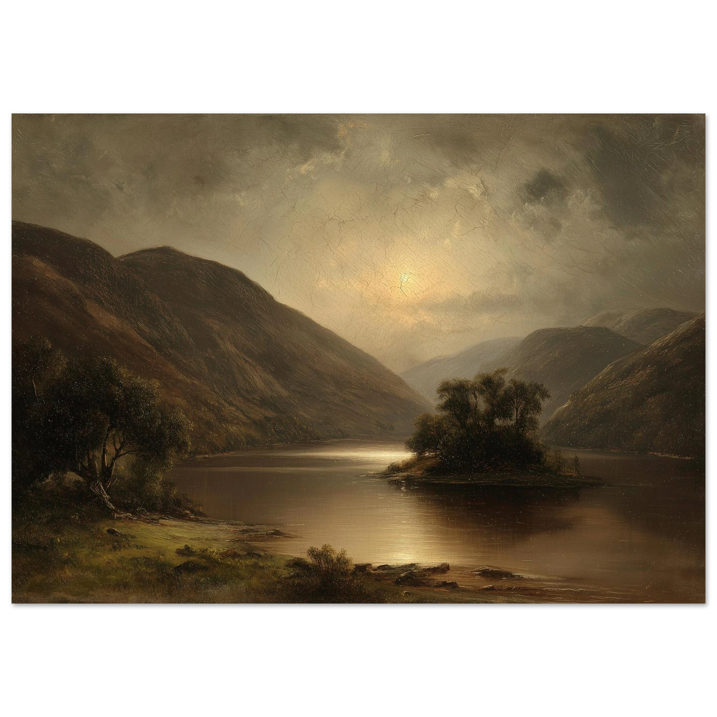 Moonlit Highland loch in antique oil painting style, a wooded island and a silver light path across dark water between brown hills, in a slim dark frame
