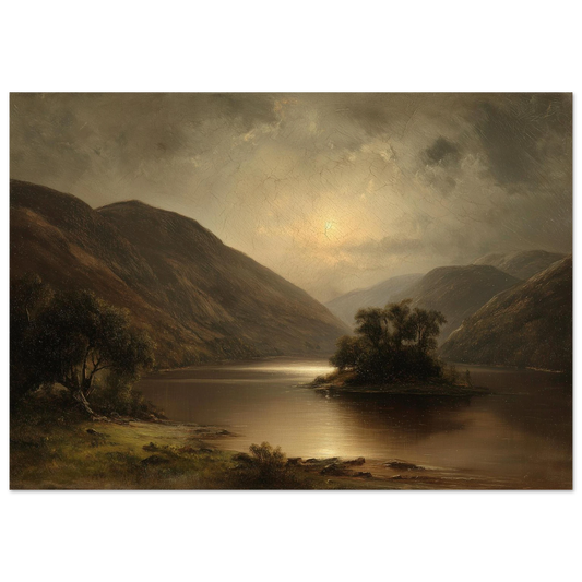 Moonlit Highland loch in antique oil painting style, a wooded island and a silver light path across dark water between brown hills, in a slim dark frame