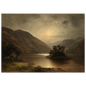 Moonlit Highland loch in antique oil painting style, a wooded island and a silver light path across dark water between brown hills, in a slim dark frame