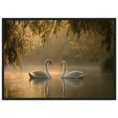Two mute swans facing each other on a misty lake in golden morning light, print in a black frame