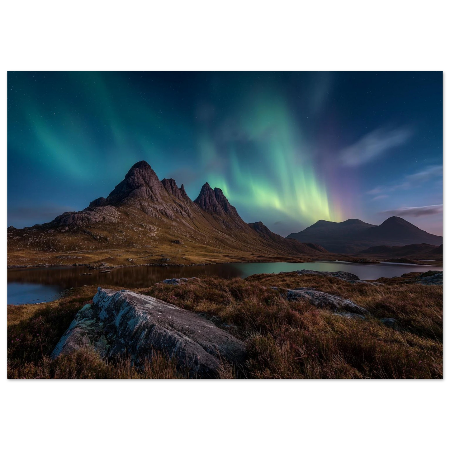 Green and violet aurora over a dark Highland peak with a still loch below, print in a slim dark frame