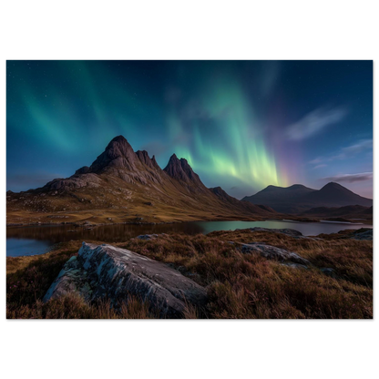 Green and violet aurora over a dark Highland peak with a still loch below, print in a slim dark frame