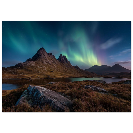 Green and violet aurora over a dark Highland peak with a still loch below, print in a slim dark frame