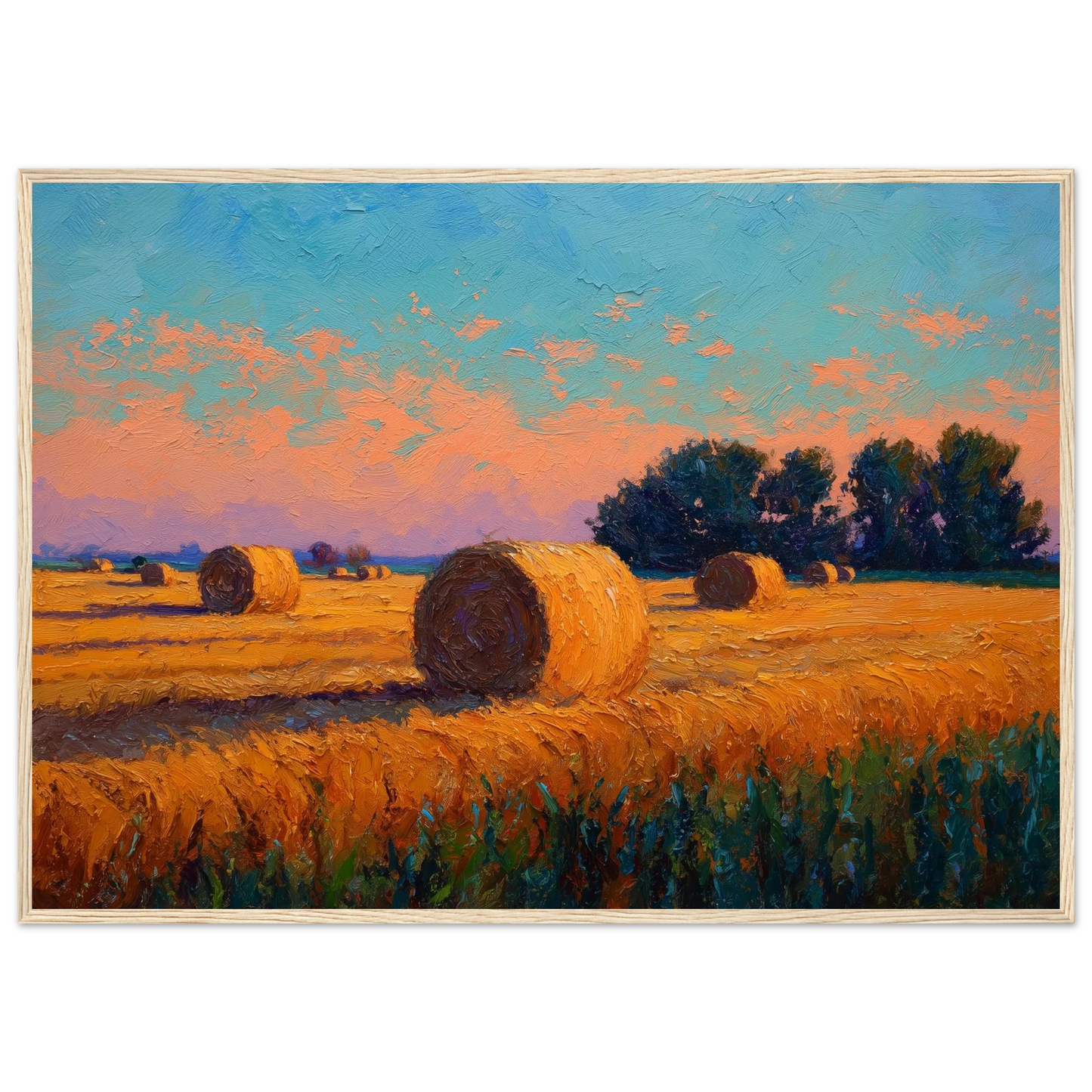 Impressionist field painting in warm gold and turquoise, print in a slim dark frame