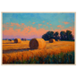 Impressionist field painting in warm gold and turquoise, print in a slim dark frame