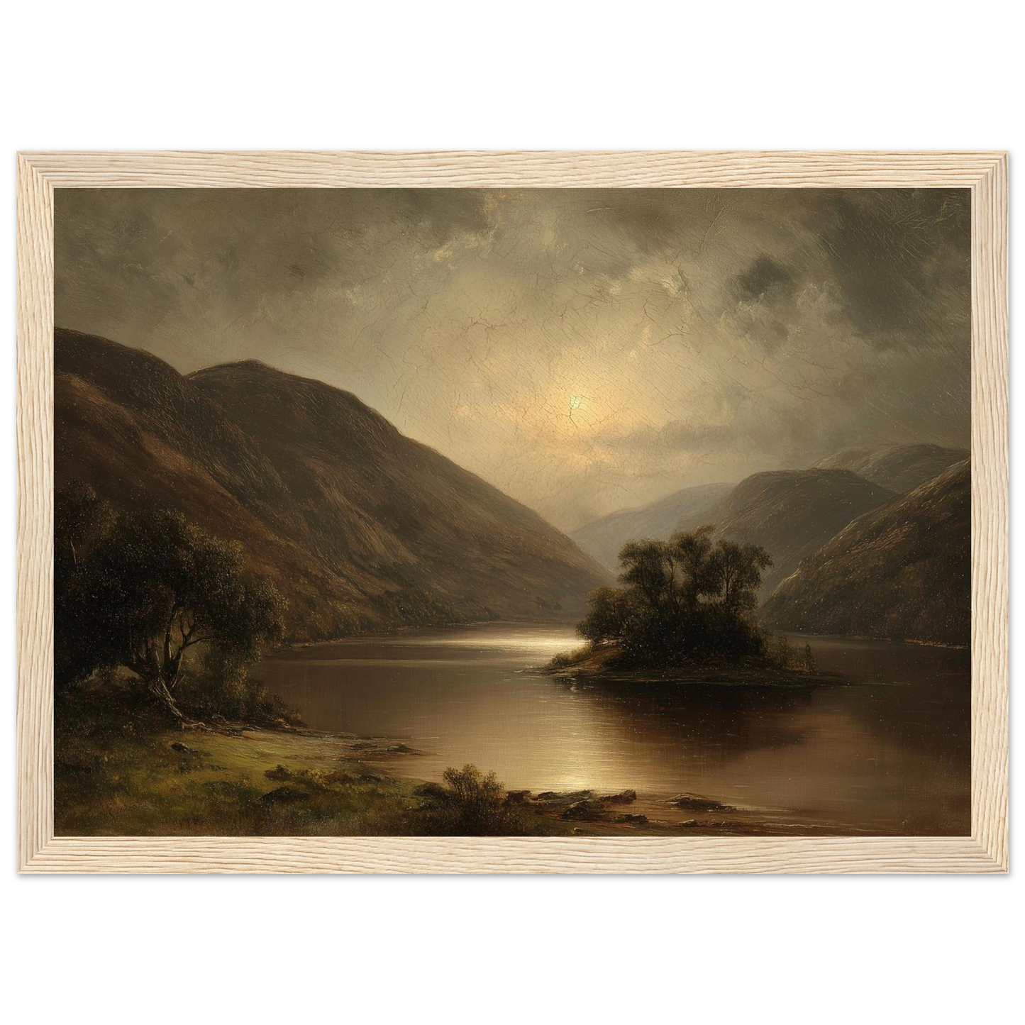 Highland loch at moonrise in a pale natural wood frame with a mount
