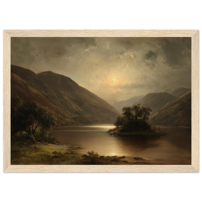 Highland loch at moonrise in a pale natural wood frame with a mount