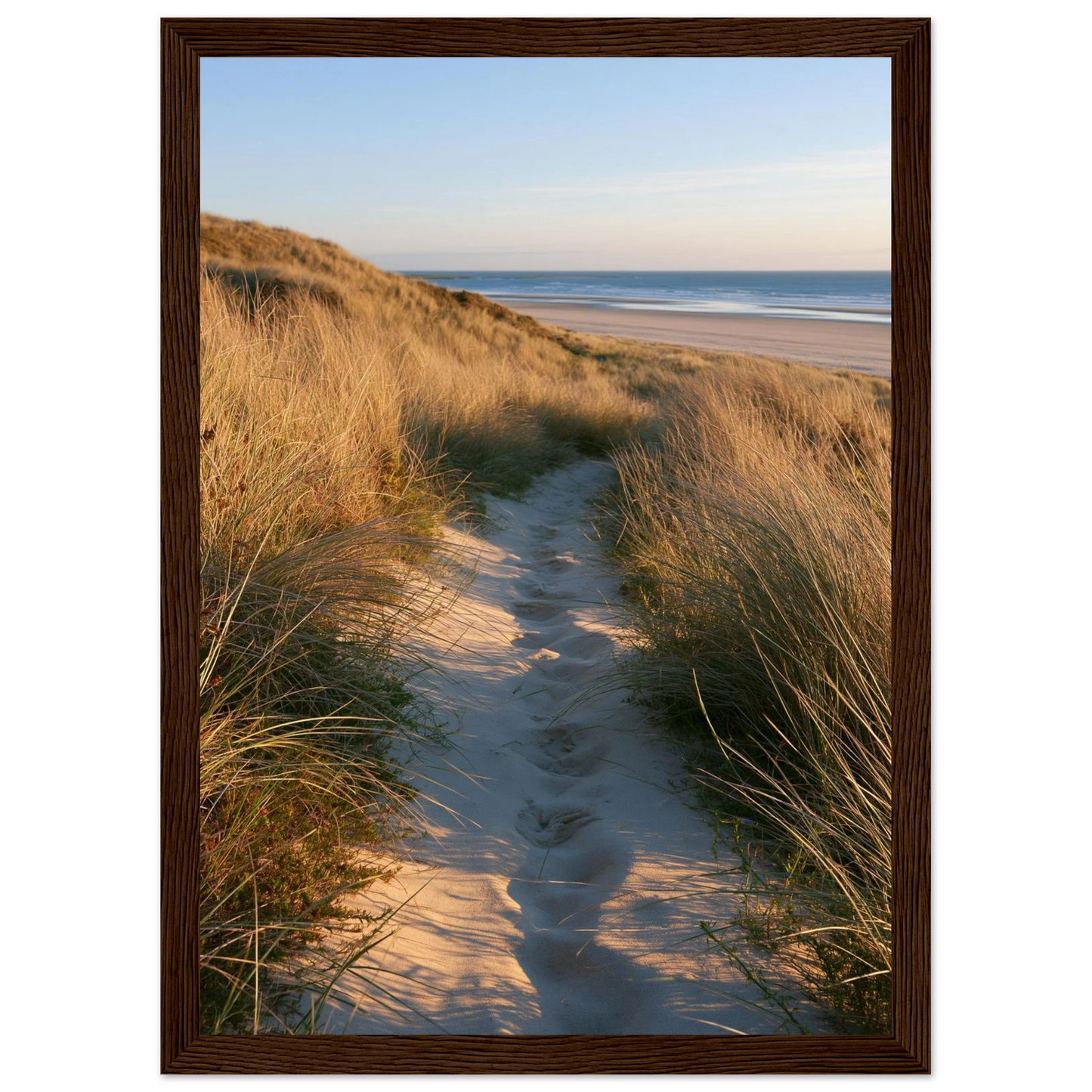 Sand track through amber marram grass to an empty beach at golden hour, print in a dark brown wood frame