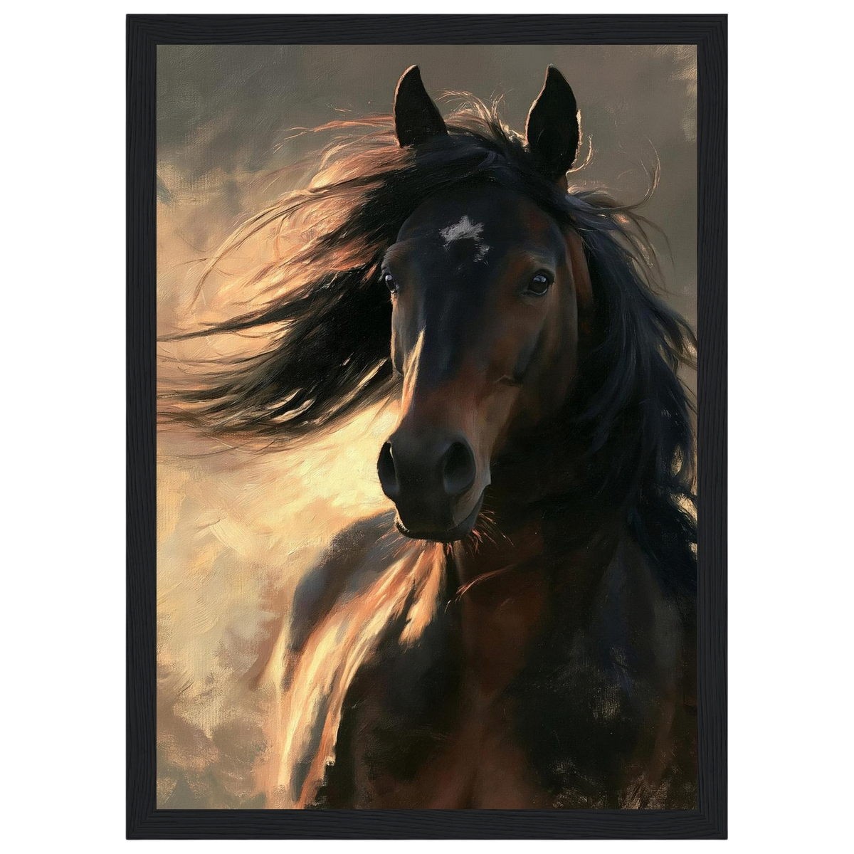Dark bay horse portrait, print in a black frame