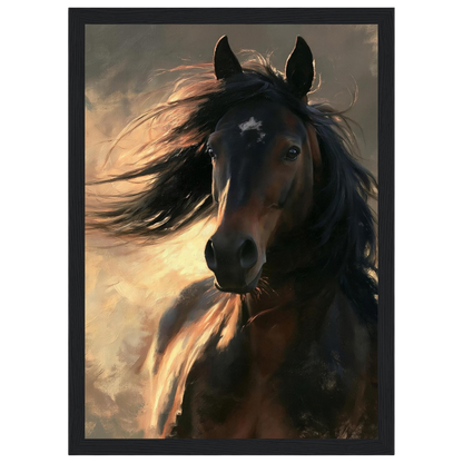 Dark bay horse portrait, print in a black frame