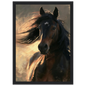 Dark bay horse portrait, print in a black frame