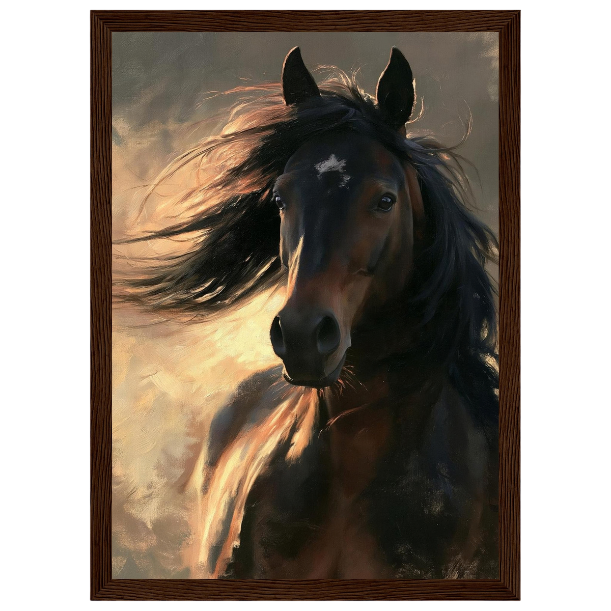 Dark bay horse portrait, print in a dark wood frame