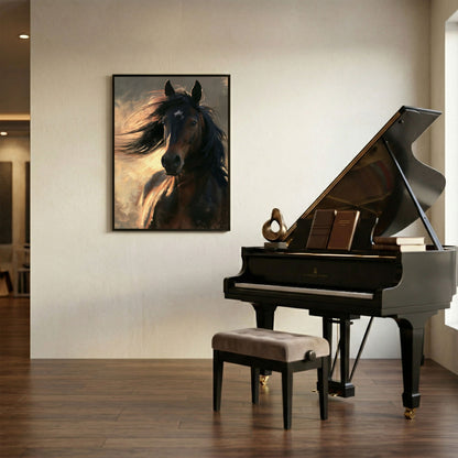 Dark bay horse portrait, in a black frame on a cream wall beside a grand piano in a music room