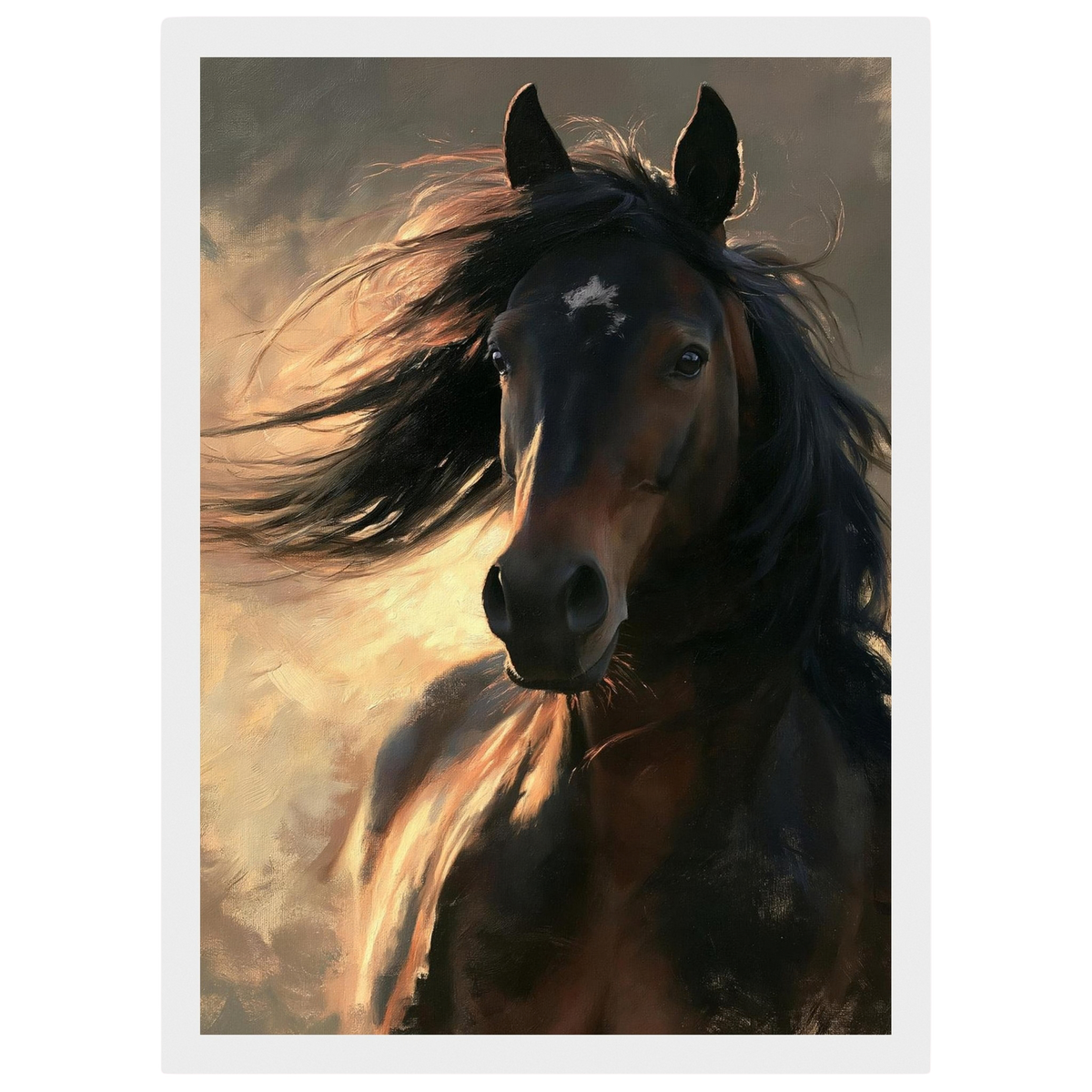 Dark bay horse portrait, print in a white frame