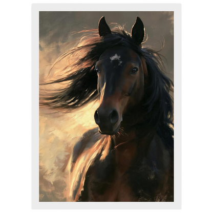 Dark bay horse portrait, print in a white frame