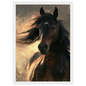 Dark bay horse portrait, print in a white frame