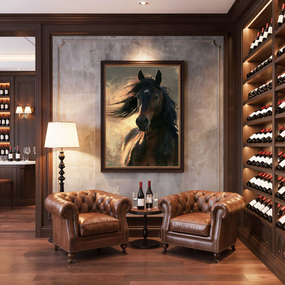 Dark bay horse portrait, in a dark frame on a plaster wall above two leather armchairs in a panelled wine room