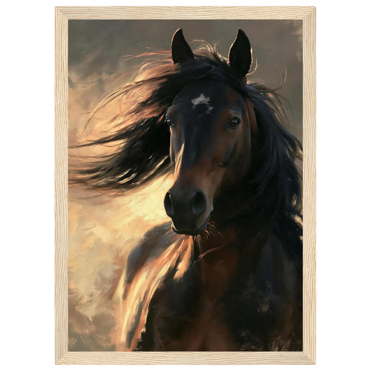 Dark bay horse portrait, print in a natural wood frame
