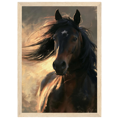 Dark bay horse portrait, print in a natural wood frame