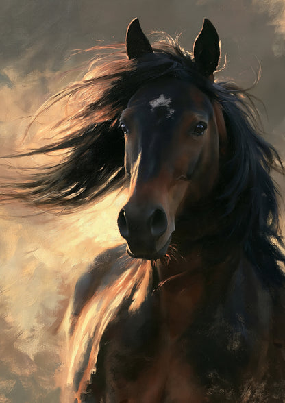 Dark bay horse portrait, head-on with a long black mane streaming sideways in golden backlight