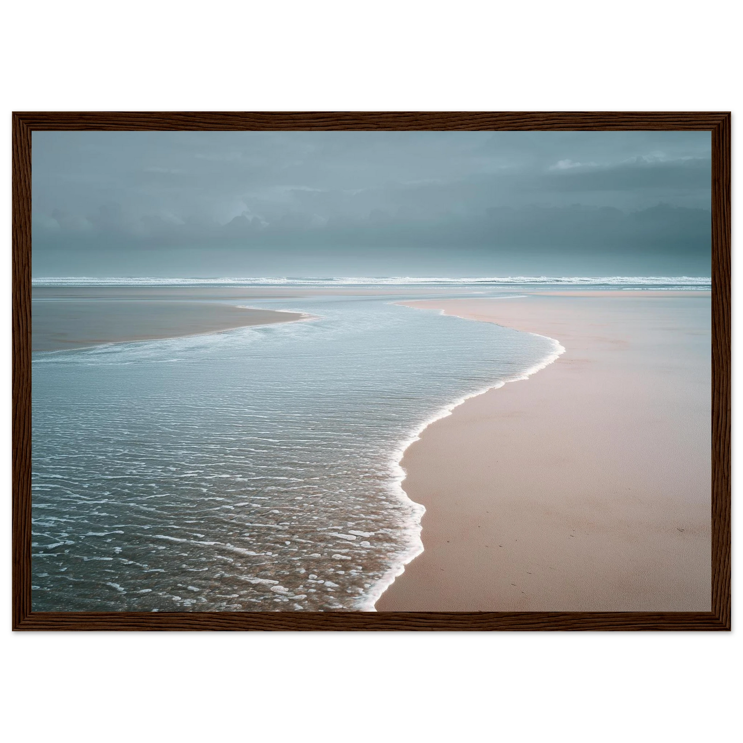Wet sand and shallow water under low cloud, framed in warm dark wood