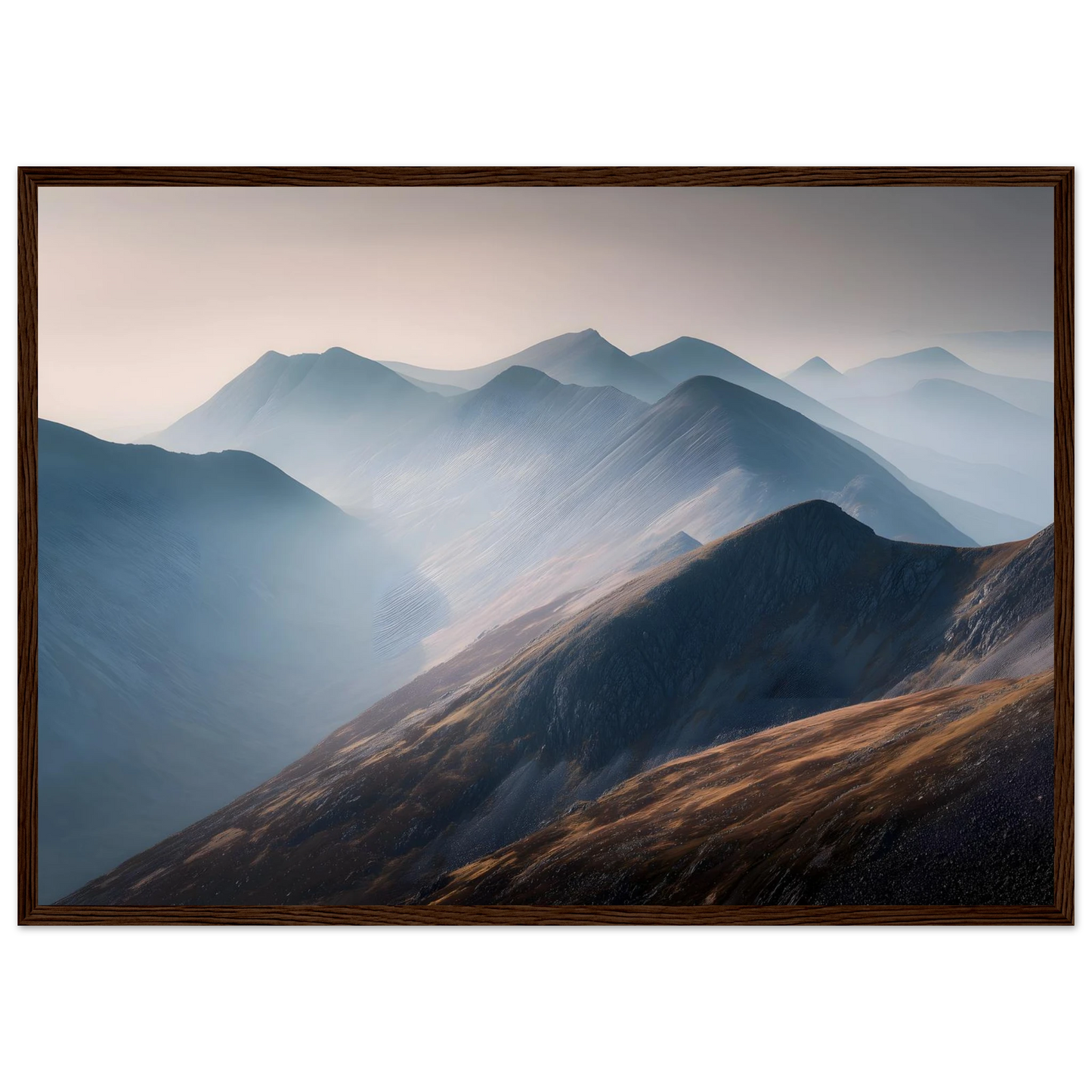 Highland ridges at dawn in a wide dark brown wood frame