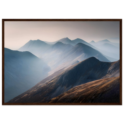 Highland ridges at dawn in a wide dark brown wood frame