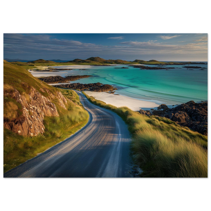 Isle of Harris beach road with marram grass, print in a dark frame