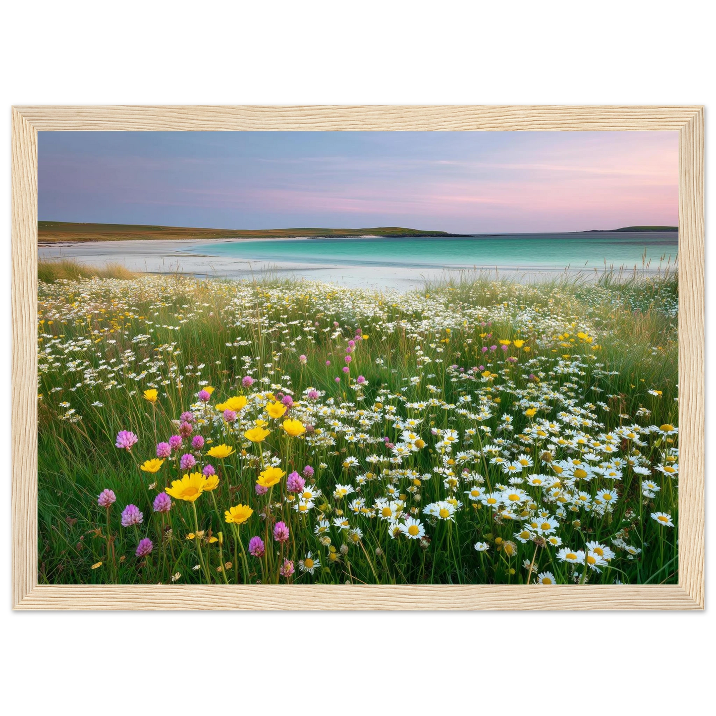 Hebridean machair meadow print in a light oak frame