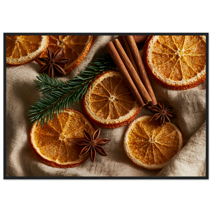 Dried oranges, cinnamon and star anise on linen, print in a black frame