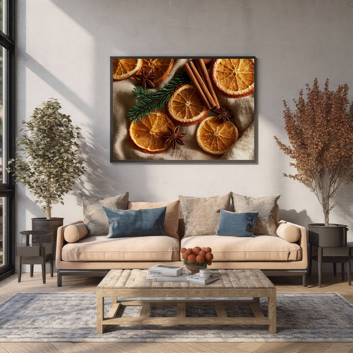 Dried oranges, cinnamon and star anise on linen, in a dark frame above a cream sofa in a bright living room
