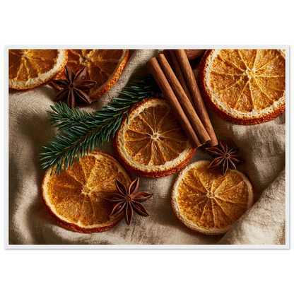 Dried oranges, cinnamon and star anise on linen, print in a white frame