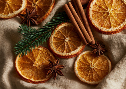 Dried orange slices, cinnamon sticks, star anise and a sprig of spruce arranged on crumpled natural linen, seen from directly above