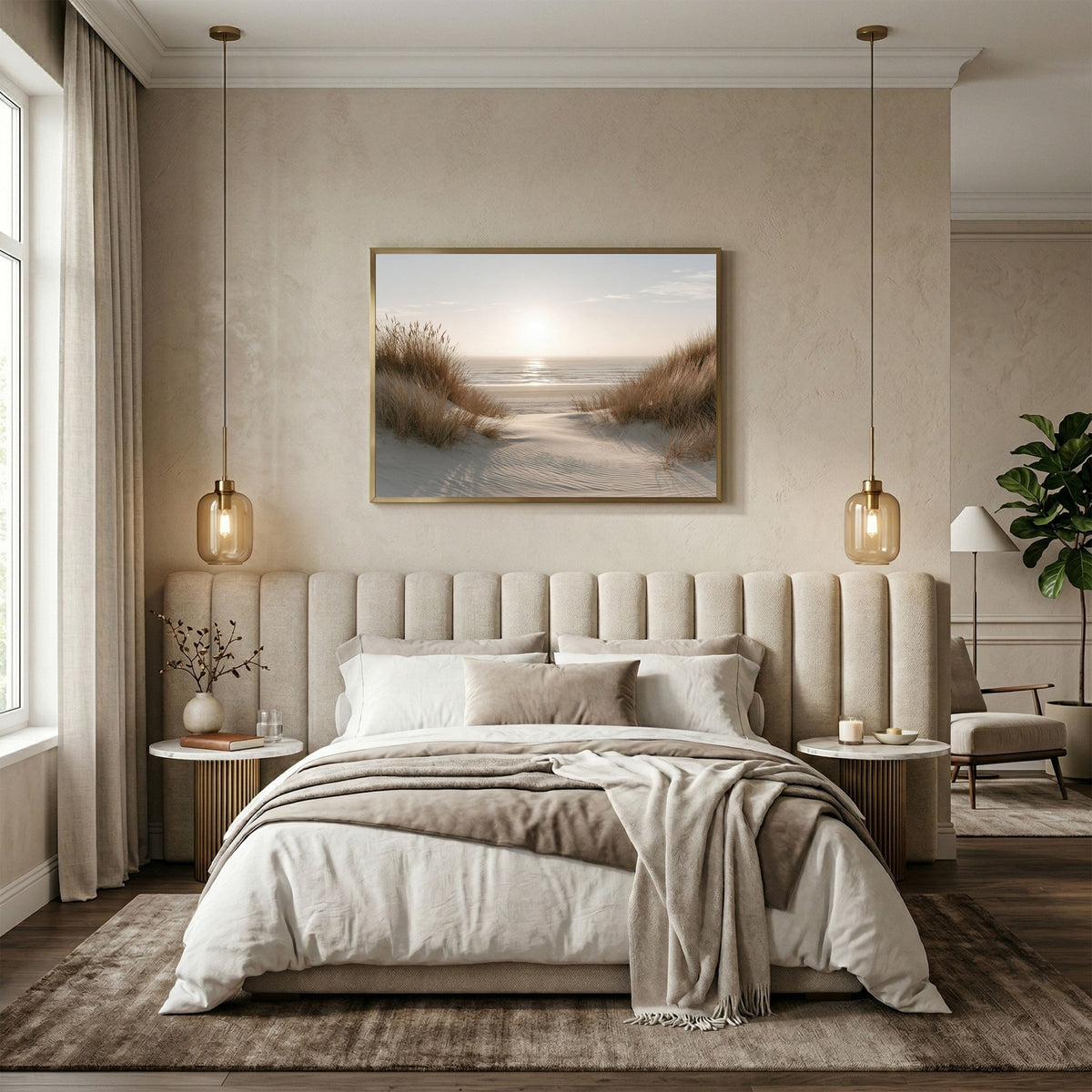 Dune path to the sea, in a pale wood frame above an upholstered bed in a cream bedroom with glass pendant lights