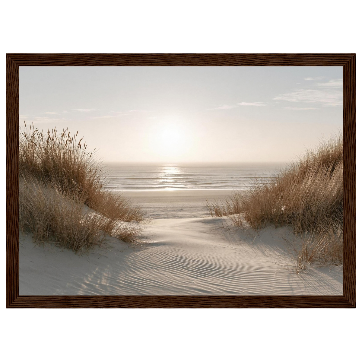 Dune path to the sea, print in a dark wood frame