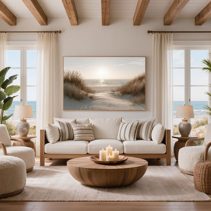 Dune path to the sea, in a pale wood frame above a cream sofa in a beamed coastal living room with sea views