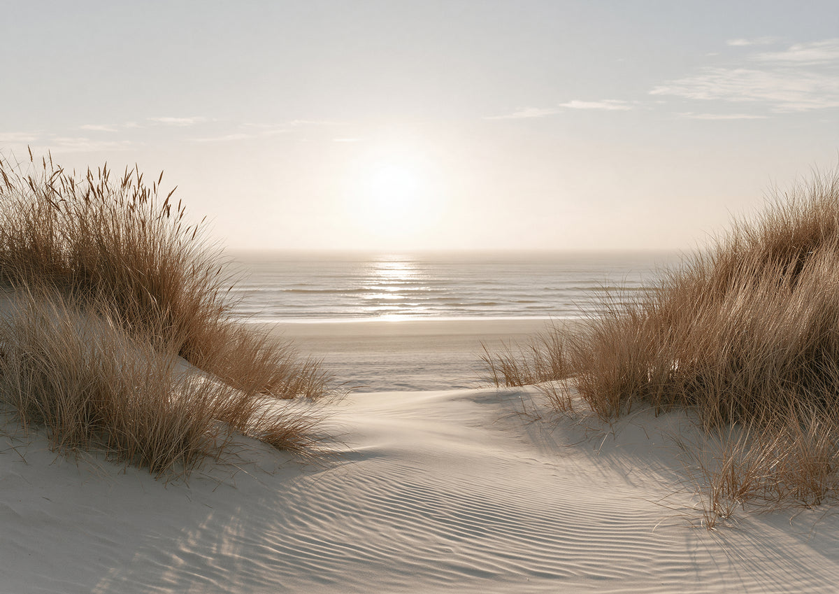 A sandy path winding between marram-grassed dunes to a bright band of sea under a low, hazy sun